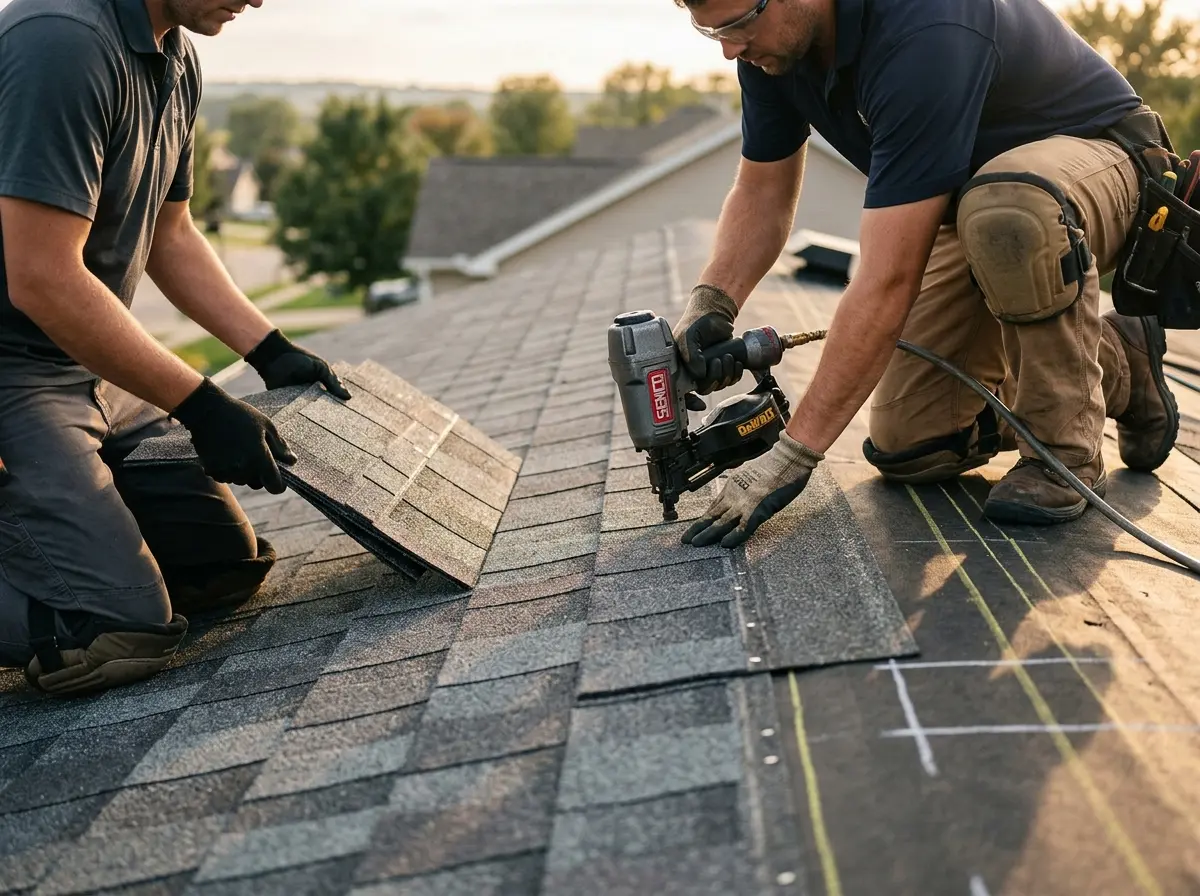 Professional roofer working on a residential roof in Cherryland